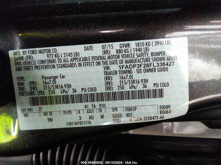 2015 Ford Focus Se VIN: 1FADP3F28FL338427 Lot: 39408938