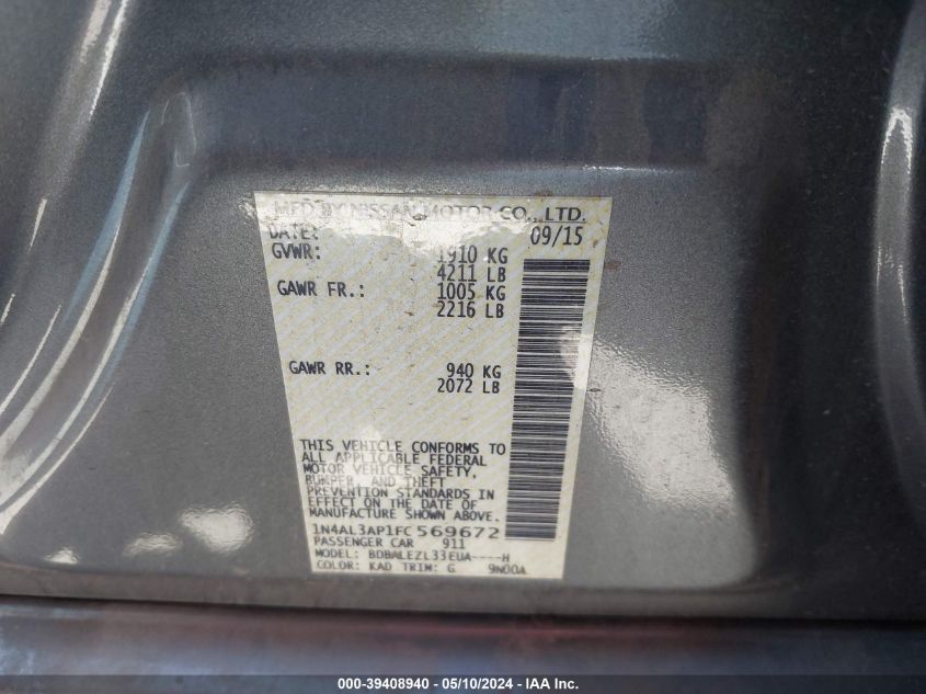 2015 Nissan Altima 2.5 S VIN: 1N4AL3AP1FC569672 Lot: 39408940