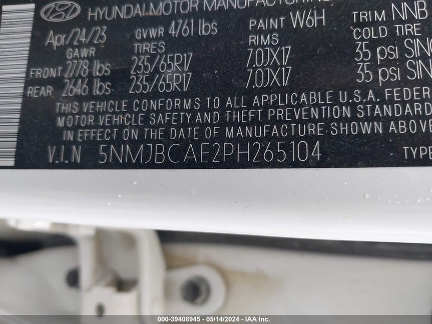 VIN 5NMJBCAE2PH265104 2023 HYUNDAI TUCSON SEL