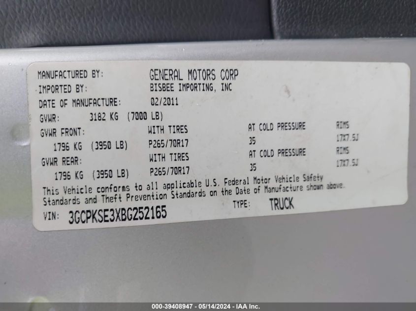 2011 Chevrolet Silverado 1500 Lt VIN: 3GCPKSE3XBG252165 Lot: 39408947