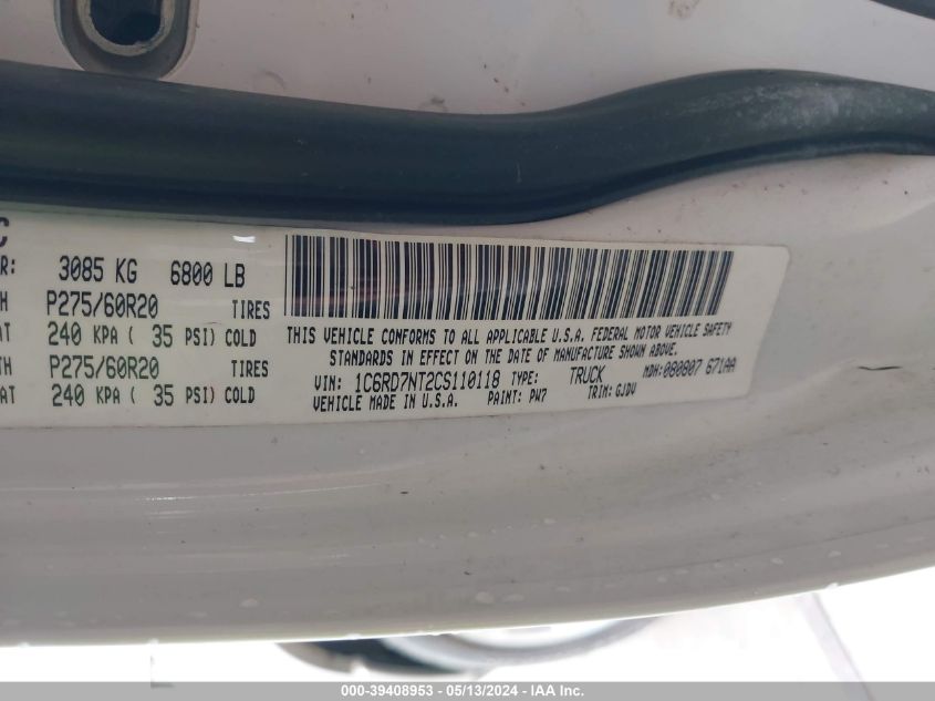 2012 Ram 1500 Laramie VIN: 1C6RD7NT2CS110118 Lot: 39408953