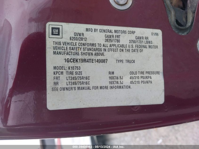 1996 Chevrolet Gmt-400 K1500 VIN: 1GCEK19R4TE149087 Lot: 39408963
