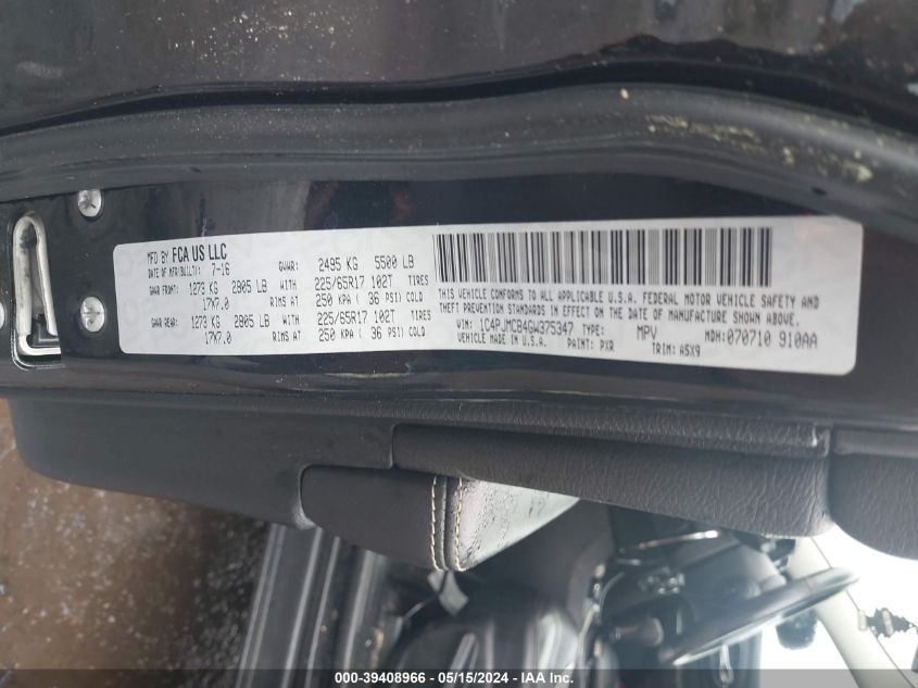 2016 Jeep Cherokee Latitude VIN: 1C4PJMCB4GW375347 Lot: 39408966