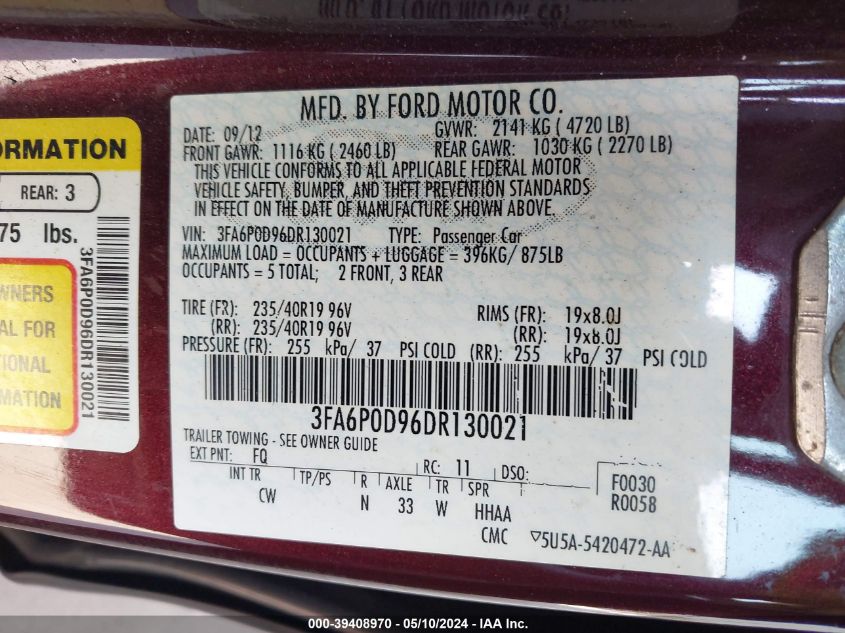 2013 Ford Fusion Titanium VIN: 3FA6P0D96DR130021 Lot: 39408970