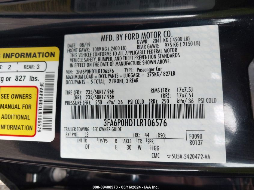 2020 FORD FUSION SE - 3FA6P0HD1LR106576