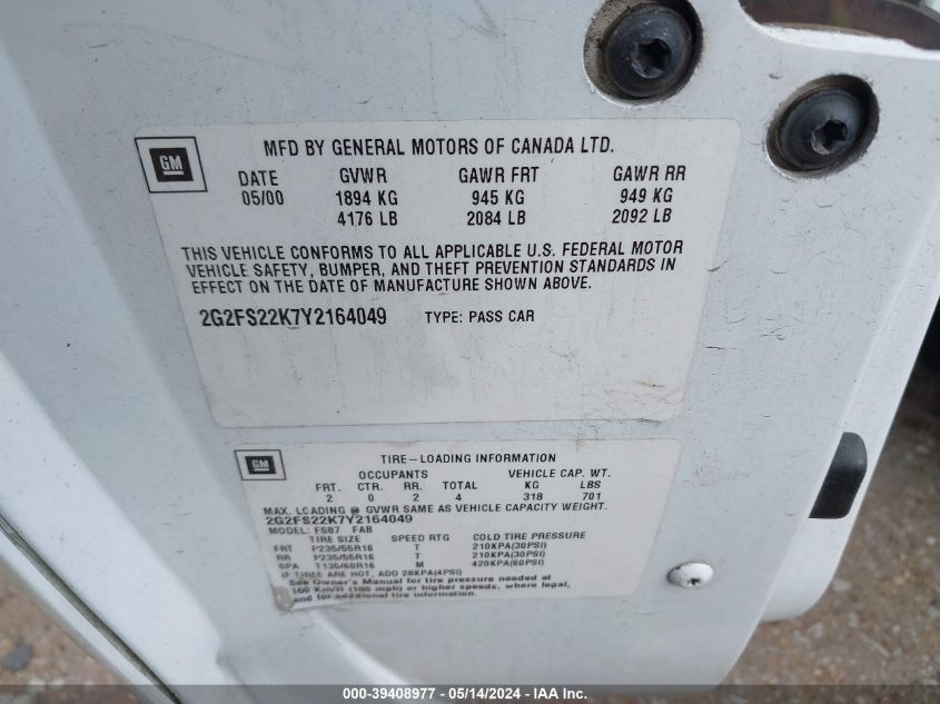 2000 Pontiac Firebird VIN: 2G2FS22K7Y2164049 Lot: 39408977