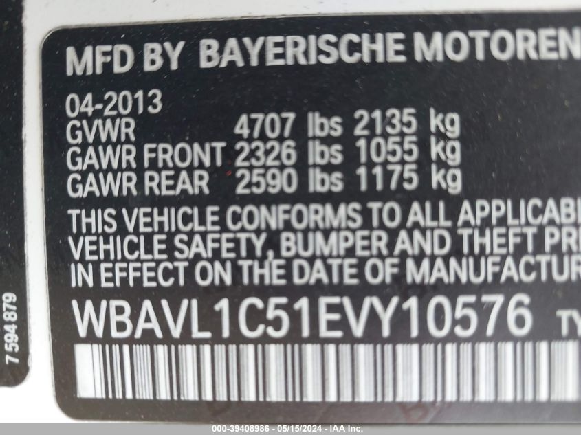 2014 BMW X1 xDrive28I VIN: WBAVL1C51EVY10576 Lot: 39408986