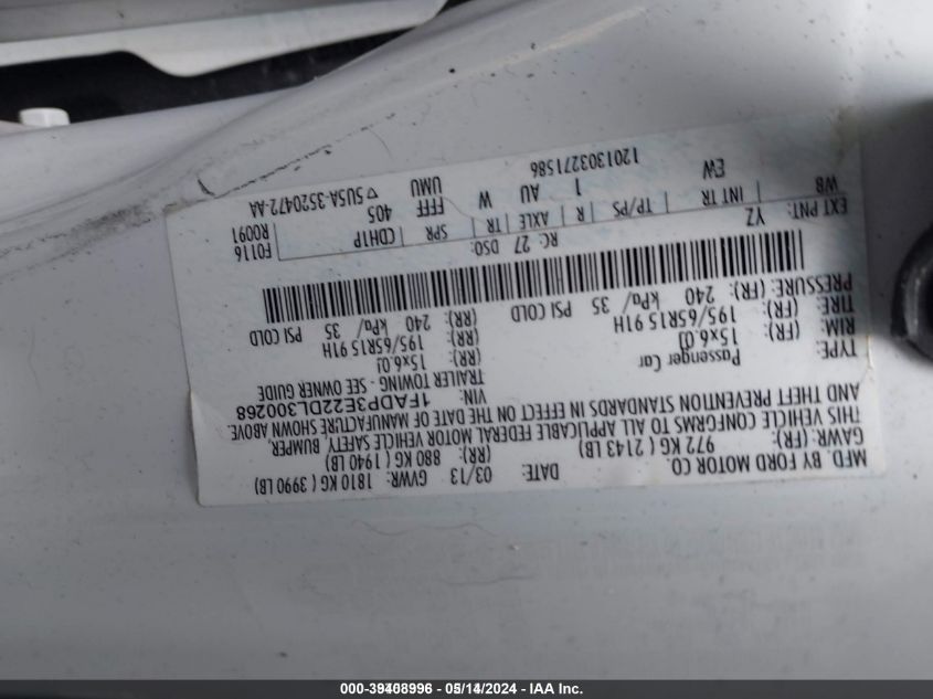 2013 Ford Focus S VIN: 1FADP3E22DL300268 Lot: 39408996