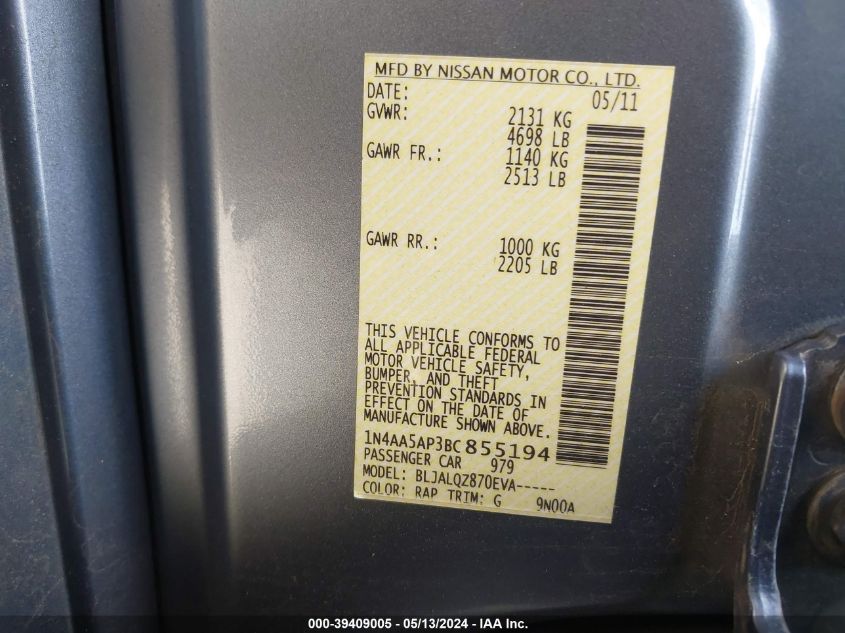 2011 Nissan Maxima 3.5 S VIN: 1N4AA5AP3BC855194 Lot: 39409005