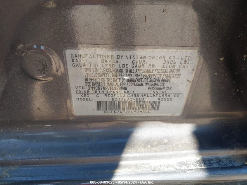 2015 Nissan Versa 1.6 S+ VIN: 3N1CN7AP7FL929846 Lot: 39409023