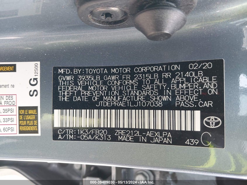 VIN JTDEPRAE1LJ107038 2020 TOYOTA COROLLA LE