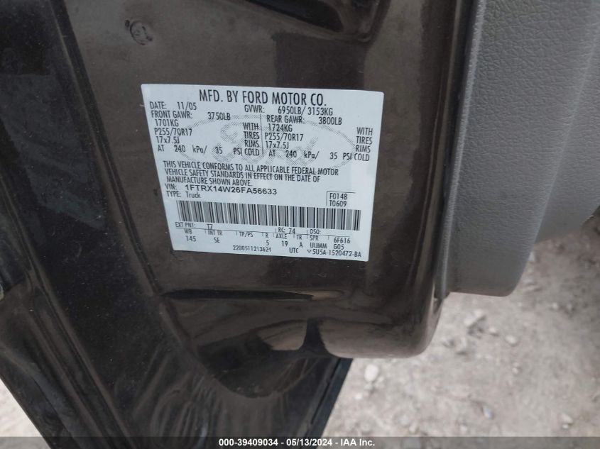 2006 Ford F-150 Stx/Xl/Xlt VIN: 1FTRX14W26FA56633 Lot: 39409034