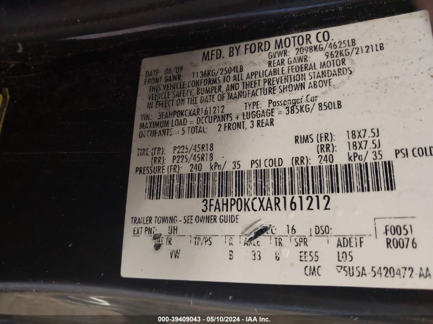 2010 Ford Fusion Sport VIN: 3FAHP0KCXAR161212 Lot: 39409043