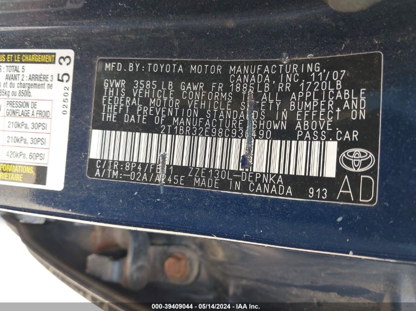 2008 Toyota Corolla Le VIN: 2T1BR32E98C930490 Lot: 39409044