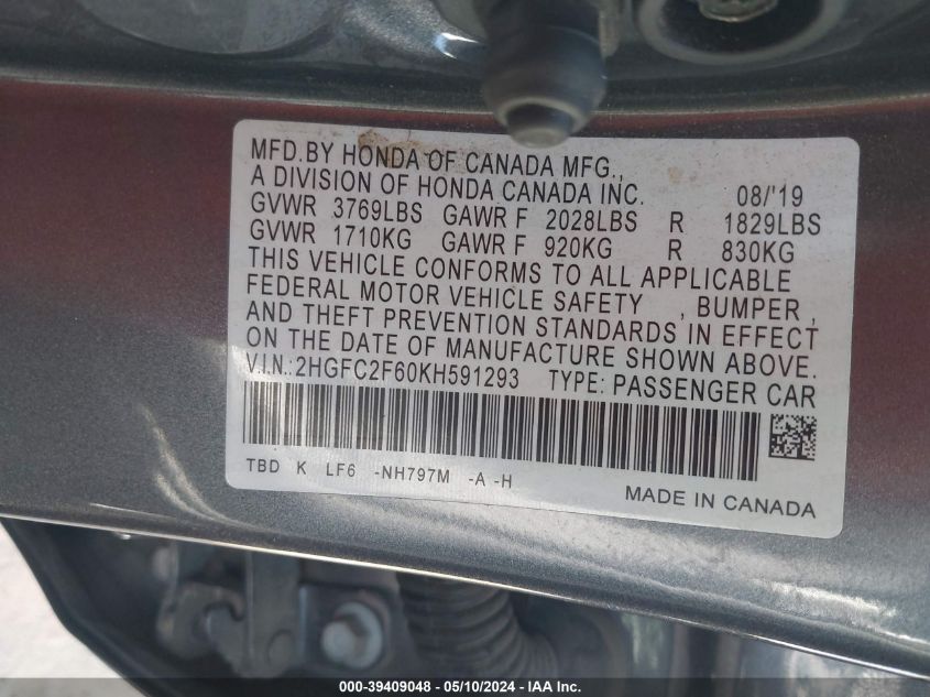 2019 Honda Civic Lx VIN: 2HGFC2F60KH591293 Lot: 39409048