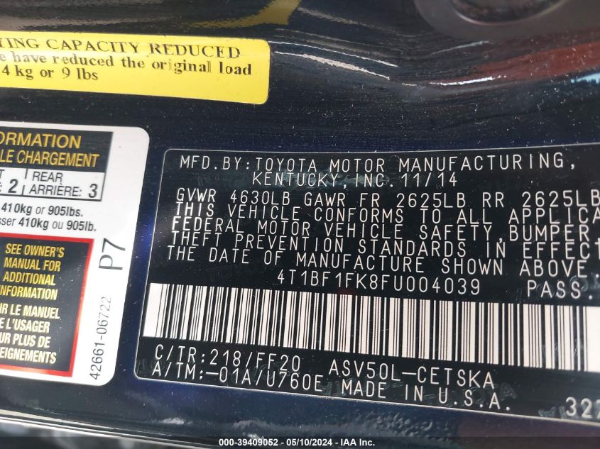 2015 Toyota Camry Se VIN: 4T1BF1FK8FU004039 Lot: 39409052