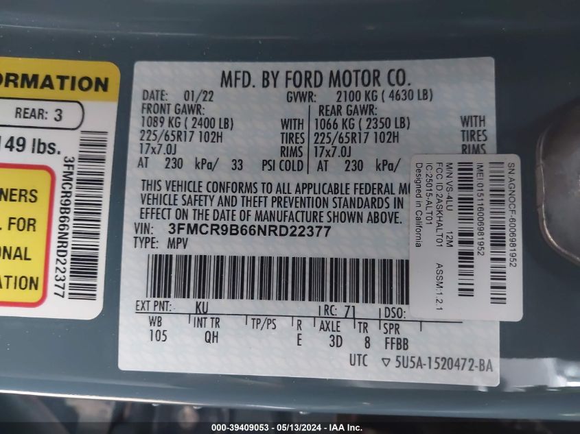 2022 FORD BRONCO SPORT BIG BEND - 3FMCR9B66NRD22377