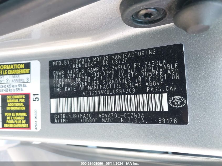 2020 Toyota Camry Le VIN: 4T1C11AK6LU994209 Lot: 39409056