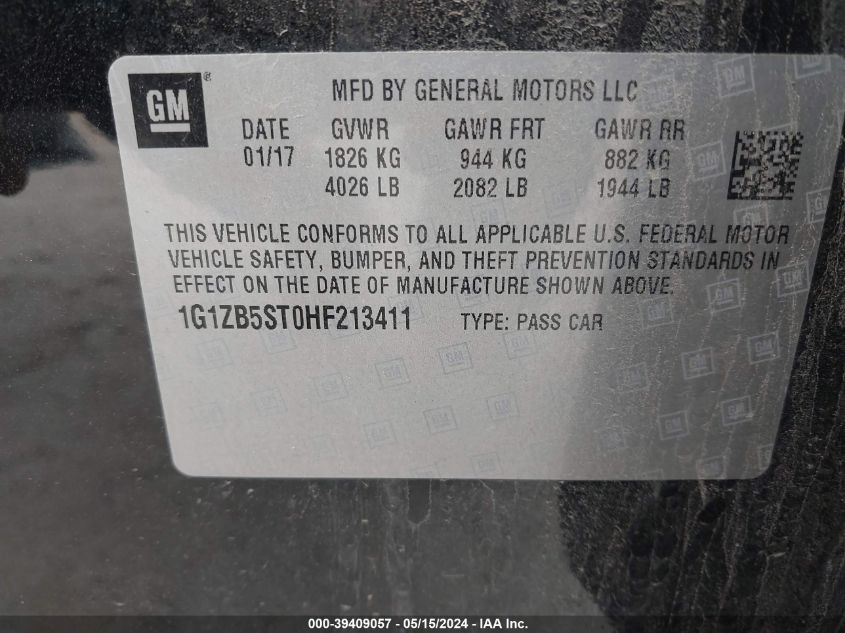 2017 Chevrolet Malibu Ls VIN: 1G1ZB5ST0HF213411 Lot: 39409057