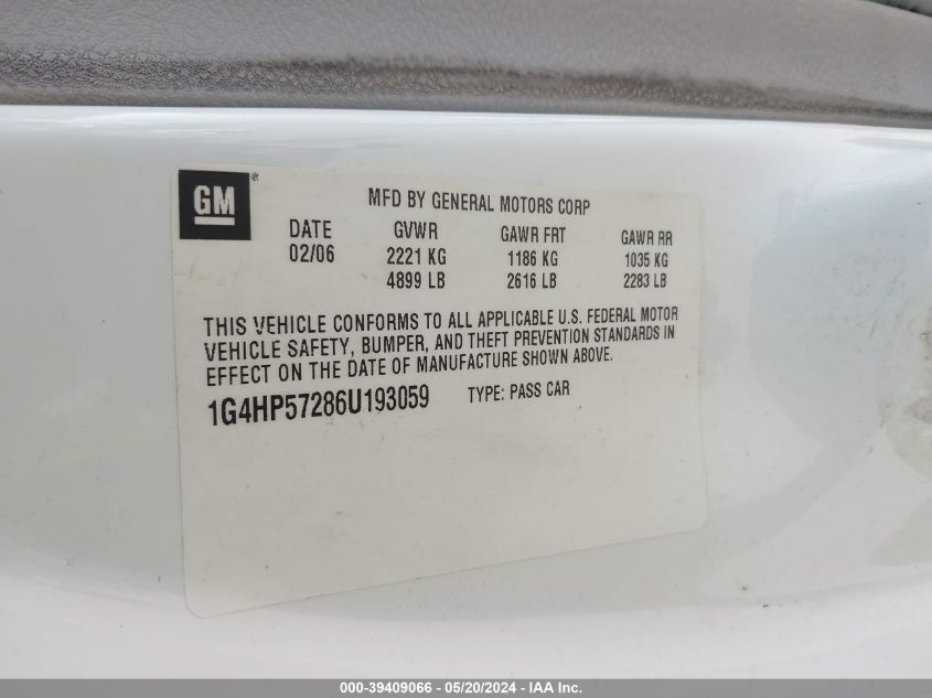 2006 Buick Lucerne Cx VIN: 1G4HP57286U193059 Lot: 39409066