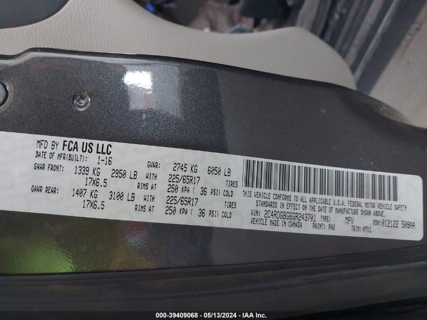 2016 Dodge Grand Caravan American Value Pkg VIN: 2C4RDGBG6GR243701 Lot: 39409068