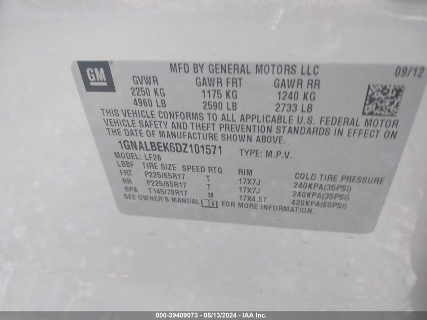 2013 Chevrolet Equinox Ls VIN: 1GNALBEK6DZ101571 Lot: 39409073