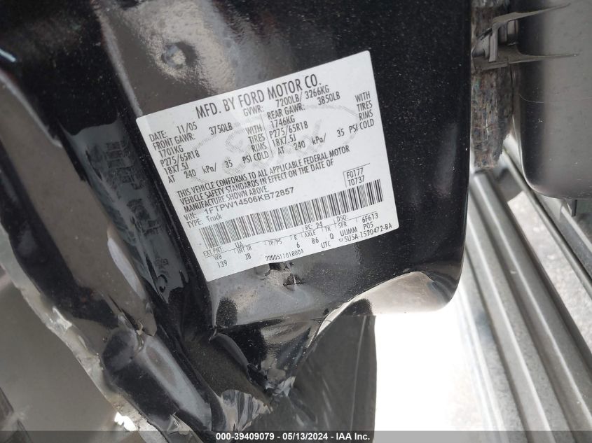 2006 Ford F-150 Fx4/Lariat/Xlt VIN: 1FTPW14506KB72857 Lot: 39409079