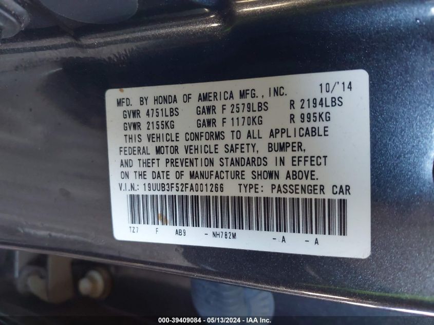 2015 Acura Tlx V6 Tech VIN: 19UUB3F52FA001266 Lot: 39409084