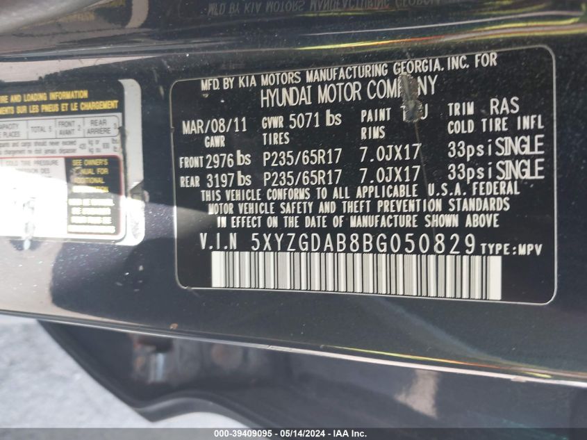 2011 Hyundai Santa Fe Gls VIN: 5XYZGDAB8BG050829 Lot: 39409095