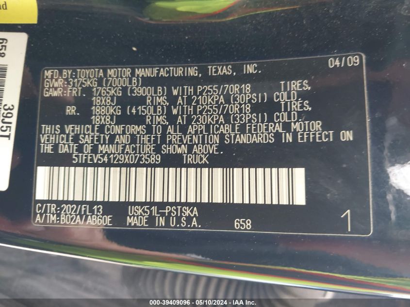 2009 Toyota Tundra Sr5 5.7L V8 VIN: 5TFEV54129X073589 Lot: 39409096