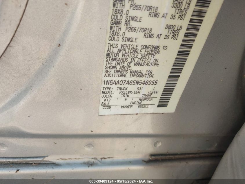 2005 Nissan Titan Le VIN: 1N6AA07A65N546955 Lot: 39409124