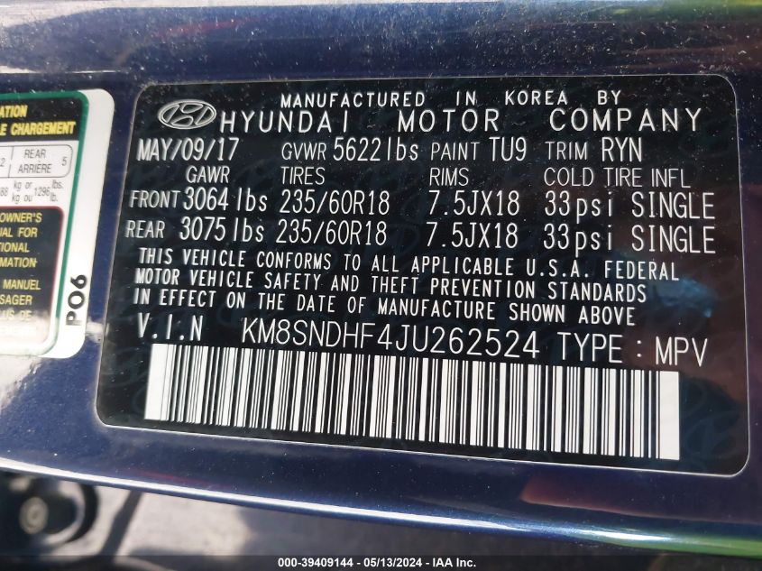 2018 Hyundai Santa Fe Se VIN: KM8SNDHF4JU262524 Lot: 39409144