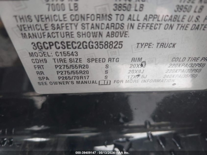 2016 Chevrolet Silverado 1500 1Lz VIN: 3GCPCSEC2GG358825 Lot: 39409147