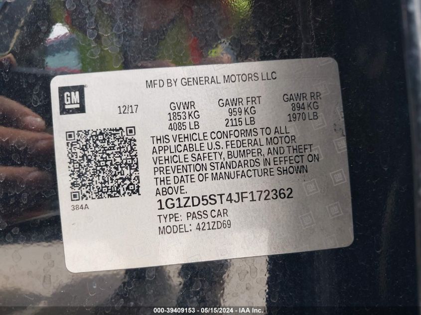 2018 Chevrolet Malibu Lt VIN: 1G1ZD5ST4JF172362 Lot: 39409153
