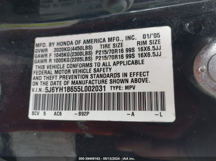 2005 Honda Element Ex VIN: 5J6YH18655L002031 Lot: 39409163