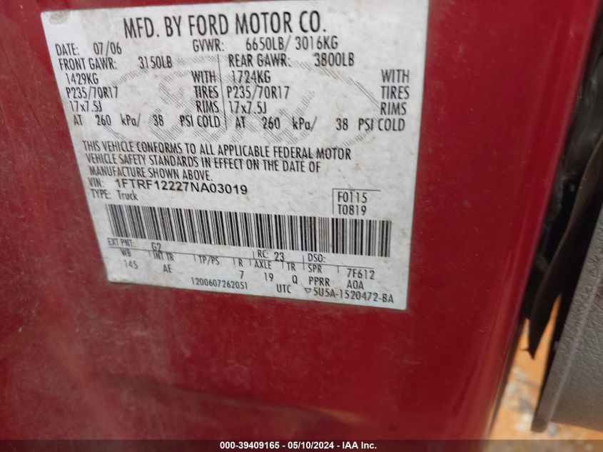 2007 Ford F-150 Stx/Xl/Xlt VIN: 1FTRF12227NA03019 Lot: 39409165