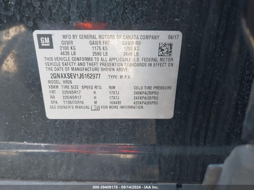 2018 Chevrolet Equinox Lt VIN: 2GNAXSEV1J6162977 Lot: 39409178