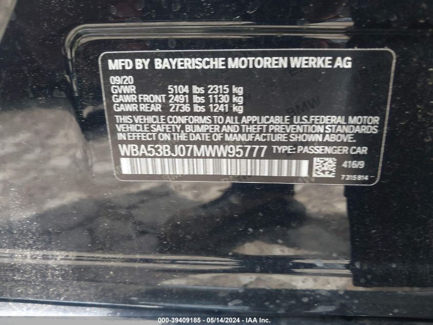 2021 BMW 540I VIN: WBA53BJ07MWW95777 Lot: 39409185