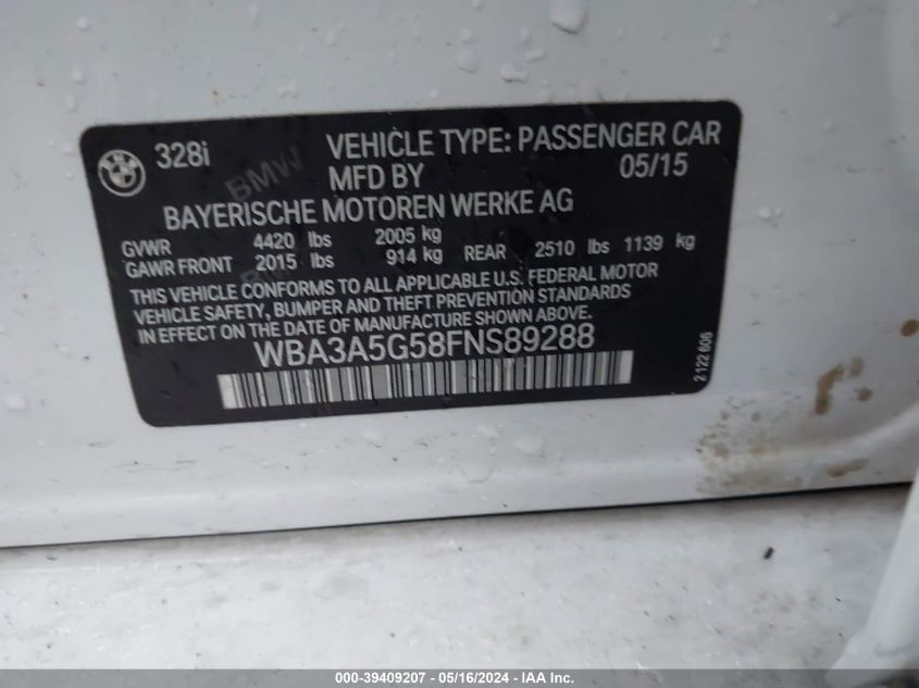2015 BMW 328I VIN: WBA3A5G58FNS89288 Lot: 39409207