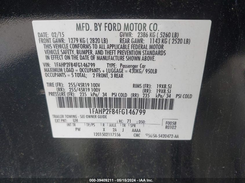 2015 Ford Taurus Limited VIN: 1FAHP2F84FG146799 Lot: 39409211