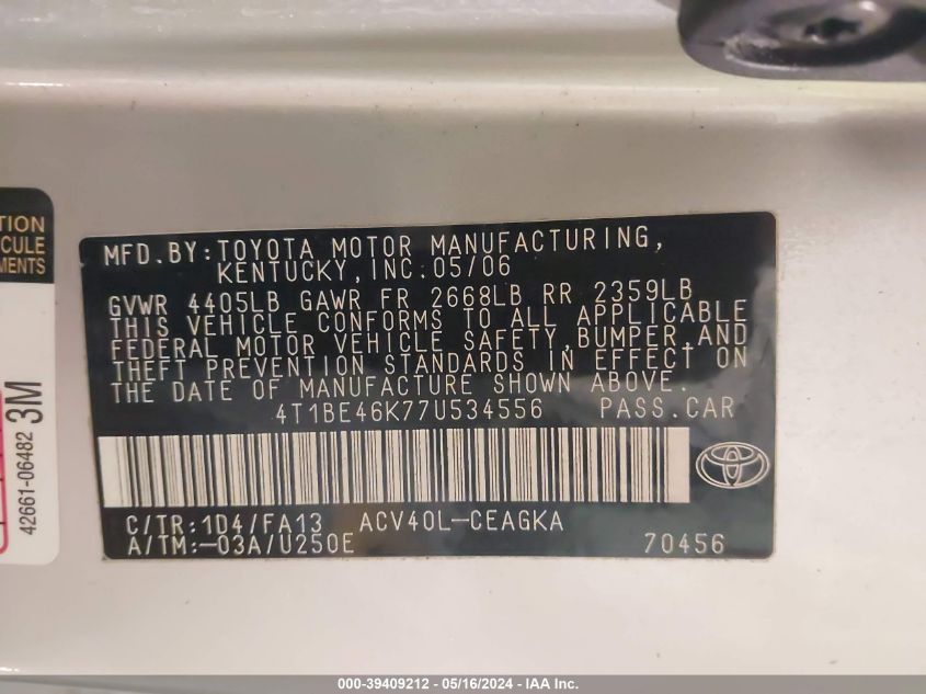 2007 Toyota Camry Xle VIN: 4T1BE46K77U534556 Lot: 39409212