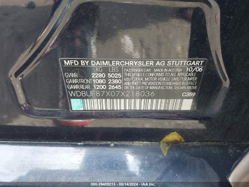 2007 Mercedes-Benz E 350 4Matic VIN: WDBUF87X07X218036 Lot: 39409213