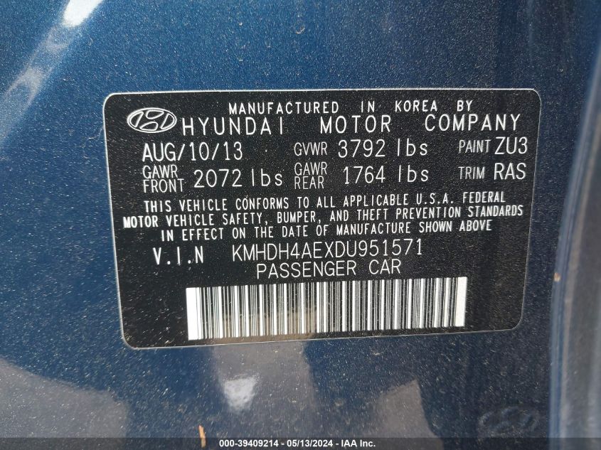 2013 Hyundai Elantra Gls VIN: KMHDH4AEXDU951571 Lot: 39409214