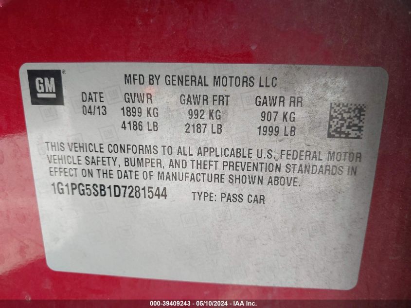 2013 Chevrolet Cruze Ltz VIN: 1G1PG5SB1D7281544 Lot: 39409243