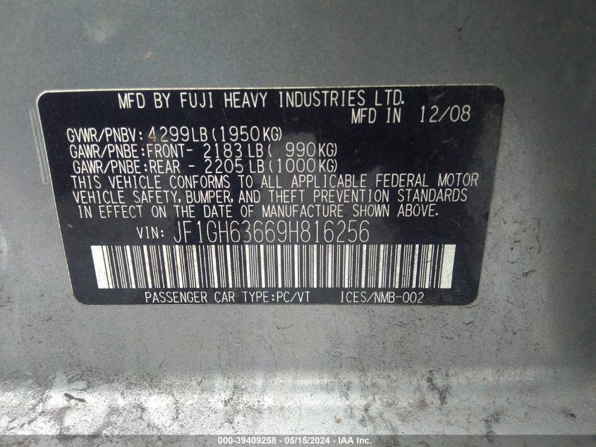 2009 Subaru Impreza Outback Sport VIN: JF1GH63669H816256 Lot: 39409258