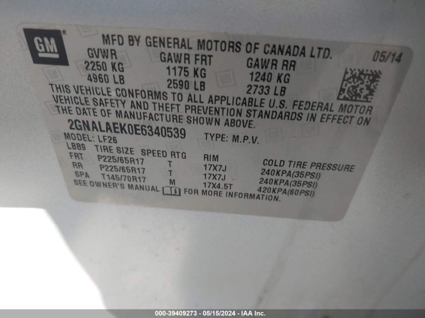 2014 Chevrolet Equinox Ls VIN: 2GNALAEK0E6340539 Lot: 39409273