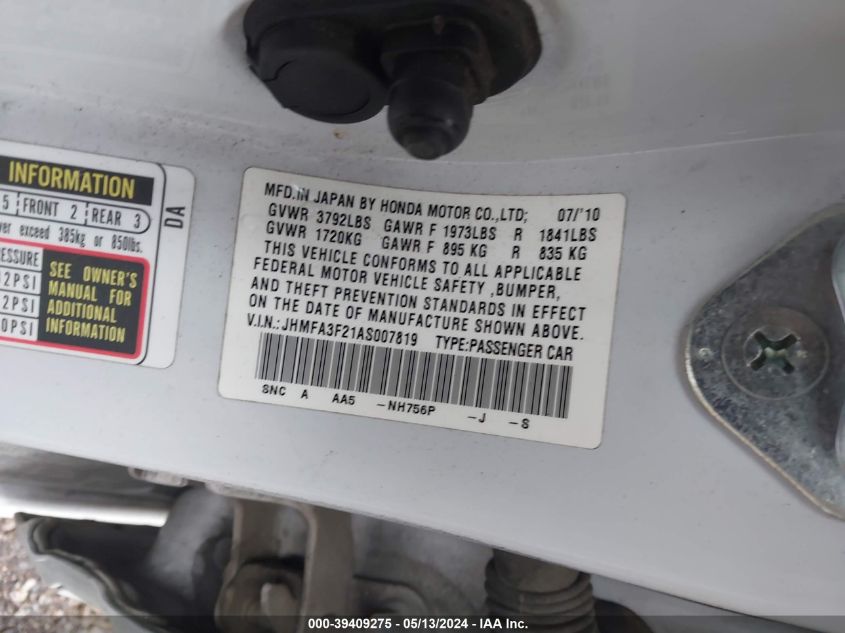 2010 Honda Civic Hybrid VIN: JHMFA3F21AS007819 Lot: 39409275