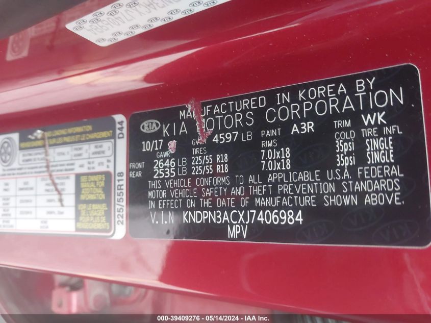 2018 Kia Sportage Ex VIN: KNDPN3ACXJ7406984 Lot: 39409276