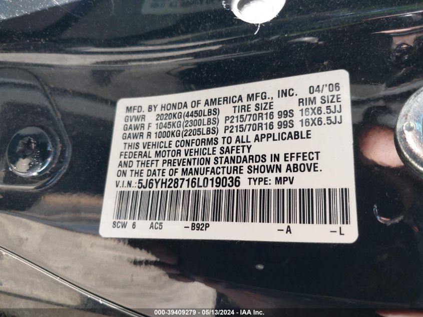 2006 Honda Element Ex-P VIN: 5J6YH28716L019036 Lot: 39409279