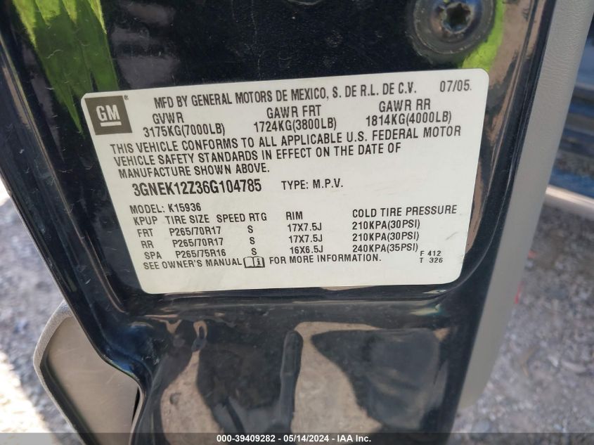 2006 Chevrolet Avalanche 1500 Z71 VIN: 3GNEK12Z36G104785 Lot: 39409282
